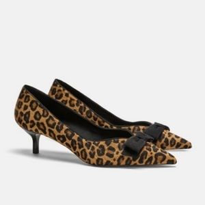 ZARA Leopard Print Leather Shoes Pony Style Hair Sz 40 Kitten Heels Black Brown